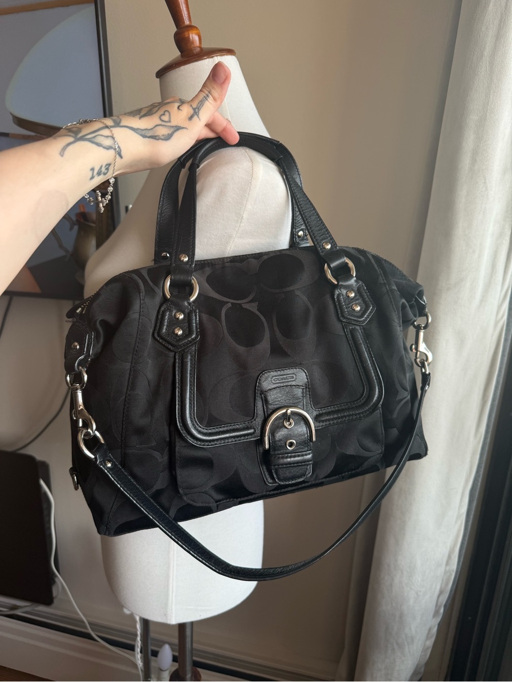 Coach Black Jacquard Signature Shoulder Bag with Leather Trim